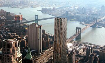 New York City river and bridges from overhead