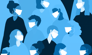Light blue image of a diverse crowd wearing face masks