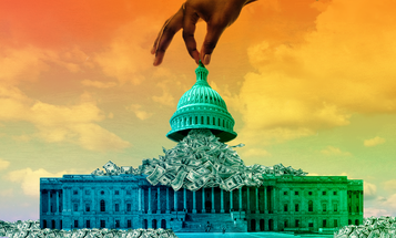 A Black hand reaching down from the sky to lift the dome of the US Capitol with money flowing out from under it