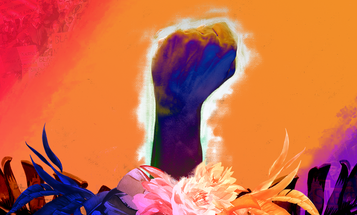 Black fist raised above a crown of palm leaves and flowers on a red, orange and purple striped backdrop