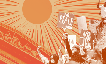Black Lives Matter Protestors in front of a courthouse, with an illustrated sun overhead