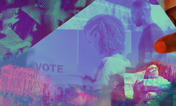 Two Black voters at a voting booth superimposed on a ballot being cast