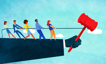 A line of Black and brown men and women pulling the string on a judges gave