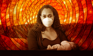 Woman with Mask Holding Baby with Mosaic Background