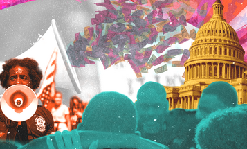 Woman with megaphone in front of a crowd of people in front the Capitol Building