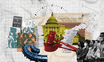 Collage on grid paper with the US Capitol, Constitution, gavel, and protestors to represent the filibuster