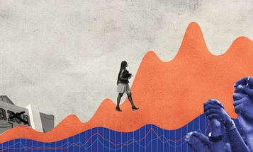 Collage image containing images of the U.S. Capitol Building, chart bars and waves, Multi-racial fists raised, and Career woman walking