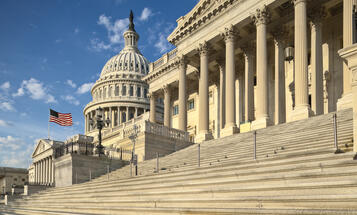 Detail view of the US Capitol east facade in the early morning sun.