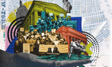 Collage of New York City Map, Protestors, Bank Building, Statue of Liberty