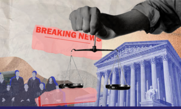 Image of a hand holding a scale in front of the Supreme Court, by an abstract representation of the current Supreme Court