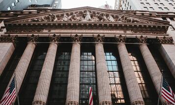 Ground level view of the Wall Street Stock Exchange