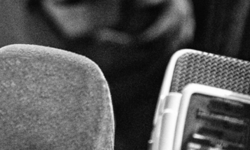 Black and white photo of microphones