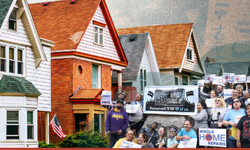 A Whole Home Repairs campaign in front of a row of houses