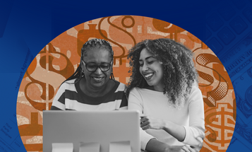 Two women smiling in front of a laptop with tax form and dollar sign graphics in the background. 
