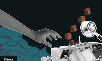 A hand reaching for symbols of public funding like a school bus, stethoscope, and books.