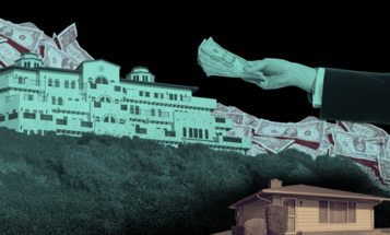 A mansion on a hill and a hand extended holding cash