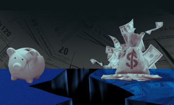 Impage of a broken piggy bank on one side of a gulf and a pile of money on the other