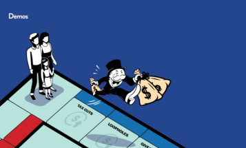 Tax themed monopoly board shows a rich person running away with money bags, leaving a working family at square one