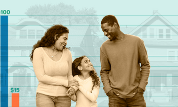 A family smiling at each other in the foreground with a row of houses in the background and a bar chart behind them showing the racial wealth gap with white households