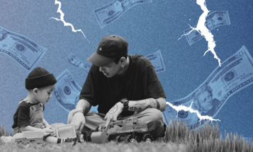 An image of parent and child playing outside over a background of dollar bills.