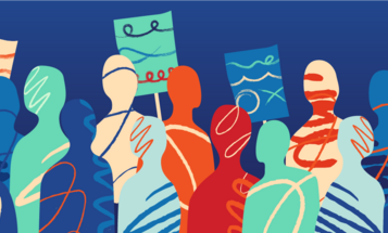 Doodle style graphic of outlines of a crowd holding signs