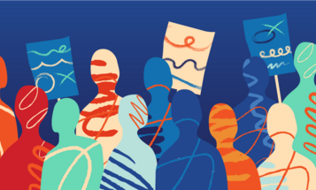 Doodle style graphic of outlines of a crowd holding signs 