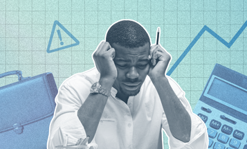 Black worker in the foreground looking frustrated, with economic indicators floating in the background