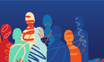 Abstract illustration featuring colorful, stylized silhouettes of the Capitol building and a group of people with flowing lines and shapes against a blue background.