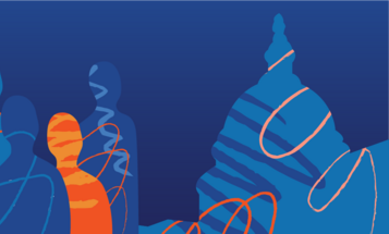 An illustration of multicolored people next to an image of the capitol building
