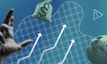 Illustration of a hand reaching towards a piggy bank and a money bag, with icons of a house and arrows on a graph, symbolizing financial growth.