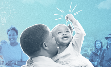 A joyful child is held by a parent with a collage of diverse people in the background. Lightbulb drawings symbolize ideas. The scene conveys hope and unity.