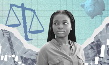 A person with thoughtful expression is surrounded by various financial symbols, including a scale, a piggy bank, and stock market graphs, overlaying a background of currency notes.