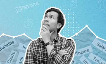 A person with a thoughtful expression stands against a blue background. The background features a line graph with economy-related words underneath like "Salary," "Benefits," "Costs," and "Healthcare" 