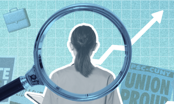 A figure is viewed through a magnifying glass, standing against a background of upward-trending arrows, tools, and items like a stethoscope. The backdrop includes signs for "Unite Here!" and "PSC-CUNY Union Protests," suggesting themes of labor and healthcare.
