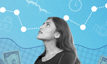 A Latina woman looks upward as currency symbols float in the background