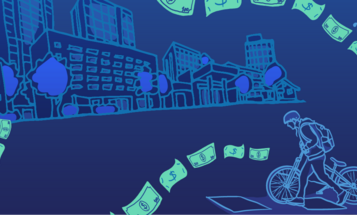 The image is an illustrated cityscape at night with buildings, trees, and a pedestrian crossing. People are riding bicycles on the right. Dollar bills are floating through the scene in a wavy pattern.