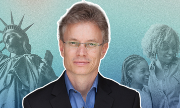 An man in a suit is featured in front of a blue background with black and white images of the statue of liberty and a family