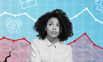 A Black woman looks upward pensively against a graphic background showing rising and falling economic indicator lines, briefcase icons, and cracked earth imagery.
