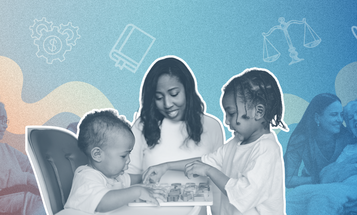 A collage showing a caregiver interacting with two children at a table. In the background, there are faded images of caregivers with elderly patients and a parent and their child. White outline icons of hands encircling a heart are overlayed on a blue and orange gradient background.