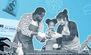 A family gardens together surrounded by a collage of tax forms and public services icons — including a school bus, stethoscope, graduation cap, and money bag — suggesting the connection between taxes and everyday community needs.