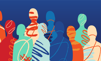 Abstract illustration of colorful, stylized human figures filled with swirling patterns against a solid blue background.