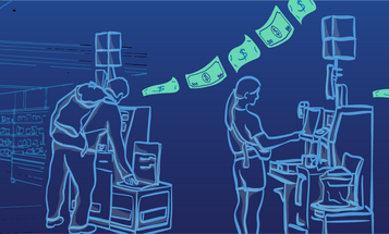 Doodle art of people at a self-checkout in the foreground with line art of a grocery store in the background