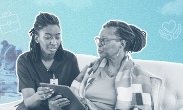 A Black care worker in scrubs reviews a clipboard with an older Black woman seated on a couch. In the background, composite images show caregivers working with children and supporting elderly adults, overlaid with illustrated icons representing justice, economic opportunity, and care.