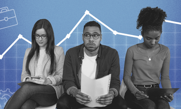 A group of three individuals is seated in front of a blue background featuring various business-themed icons like clocks, gears, and an upward-trending graph. They are holding different electronic devices and papers, seemingly waiting for a job interview.