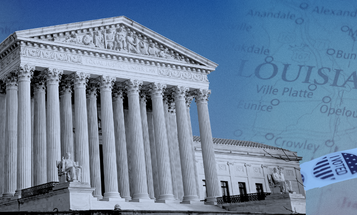 The U.S. Supreme Court building against a blue sky, overlaid with a map of Louisiana and a chain of "I Voted" sticker footprints being cut by scissors on either side