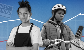 Image showing two teenagers: one wearing an apron with arms crossed, and another holding a bicycle and smartphone, wearing a helmet. Background includes "Help Wanted" signs, a line graph, a briefcase, and economic-themed icons.