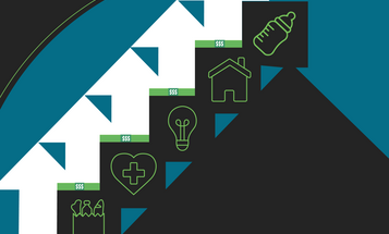 Cover of 'Solving the Affordability Crisis' by People's Action and Dēmos: a rising staircase of icons representing groceries, health care, energy, housing, and child care, each topped with dollar bills."
