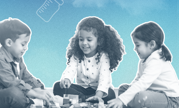 Three young children play together with building blocks, set against a blue sky background with illustrated child care icons.