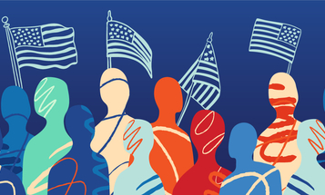 Abstract illustration of diverse individuals with stylized, multicolored designs, set against a blue background. American flags are waving in the background.