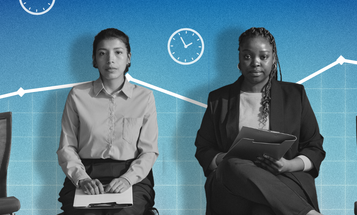Two individuals seated and holding notepads, set against a blue background with white line graphs, clocks, and icons of a briefcase and gears.